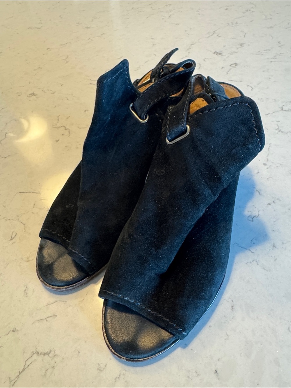 Frye Black Suede Peep-Toe Chunky Heel Mules - Picture 5 of 5